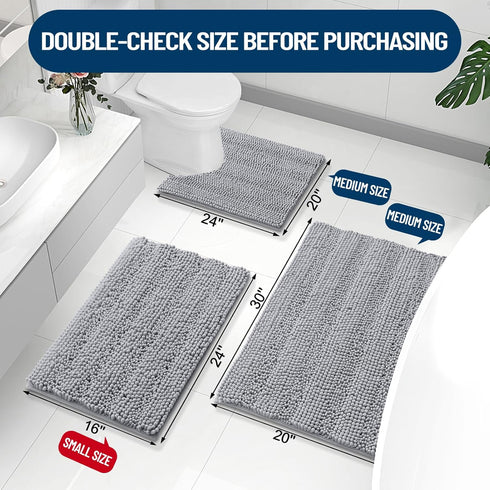 Grandaily Chenille Striped Bathroom Rugs 30x20 - Extra Thick Absorbent Non-Slip Plush Bath Mats, Grey