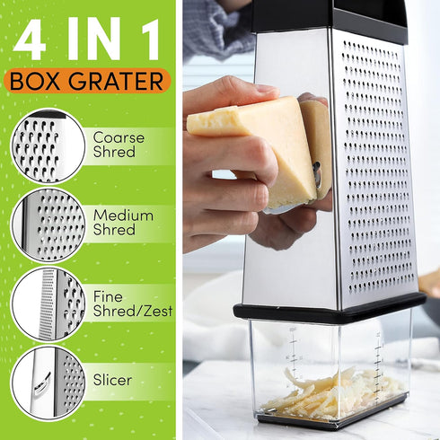 Spring Chef 10" Professional Parmesan Cheese Grater with Container, 4 Sided Kitchen Cheese Shredder, Black Soft Grip
