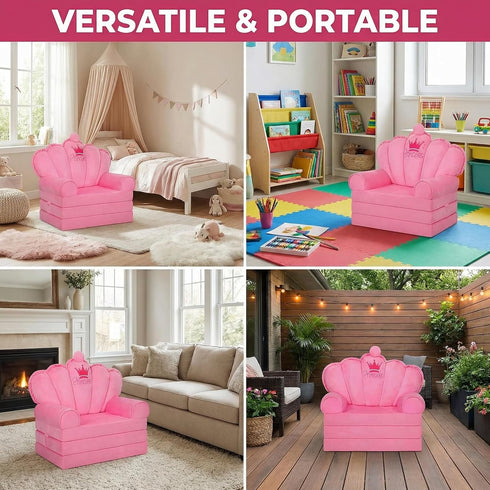 harhoers 2-in-1 1-5, Pink Princess Toddler Couch, Foldable Sofa Bed & Chair for Kids Space-Saving for Small Rooms, Fits