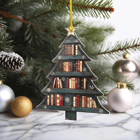NGHYANNA 4 Inch NGHYANA Wooden Christmas Tree Ornament with Bookshelf Design Hanging Decoration