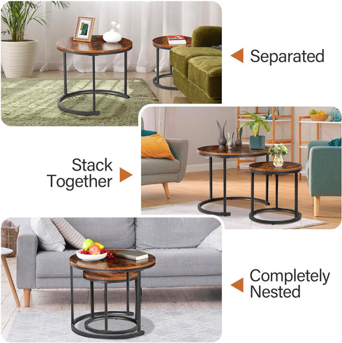 Set 2, 23.6inch ZENY Nesting Coffee Table of Round Coffee Table Wood Grain Top with Sturdy Metal Frame, Industrial End