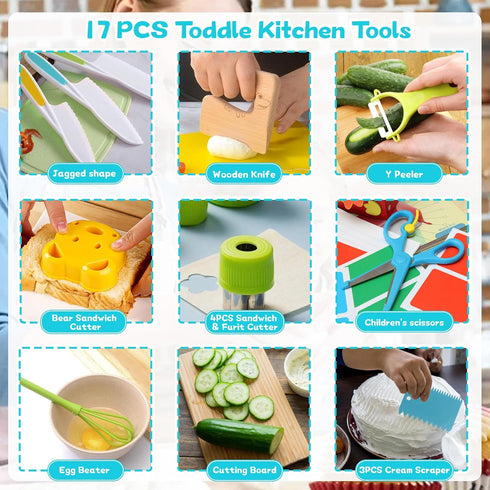 FGASIDYO 16PCS Set 3 Montessori Kitchen Tools Cookware Baking Toy, Toddler Baking for Real Cooking includes Serrated