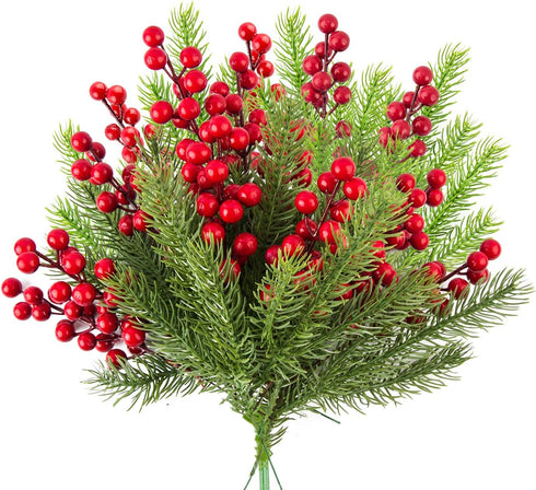 WXJ13 30 Pieces Artificial Pine Branches Christmas Holly Berries Artificial Red Berry