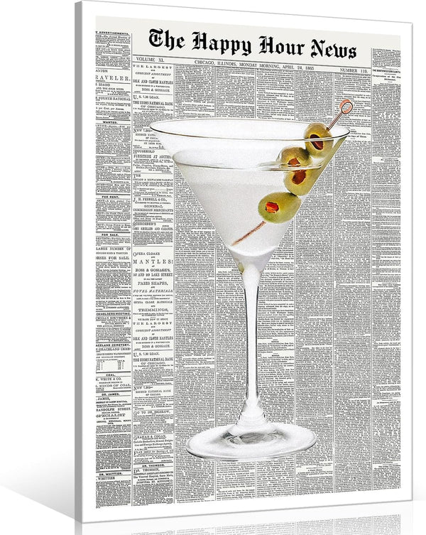 Generic Trendy Green Martini Canvas Wall Art Vintage Newspaper Retro Bar Cart Aesthetics