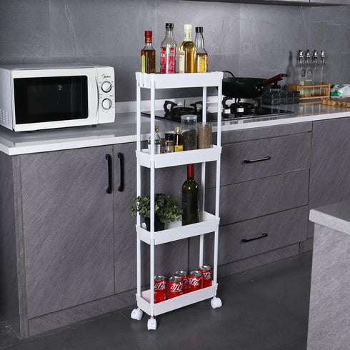 Sooyee 4 Tier Slim Storage Cart Mobile Shelving Unit Organizer Slide Out Storage Rolling Utility Cart Tower Rack for Kitchen Bathroom Laundry Narrow Places, Plastic & Stainless Steel,White by Sooyee