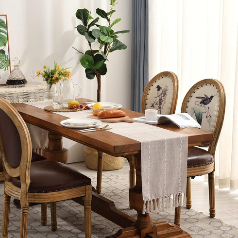 Wracra Rustic Linen Table Runner, 72 inches Long Embroidered Fall Table Runner with Hand-Tassels, Light Coffee, 13"×72"