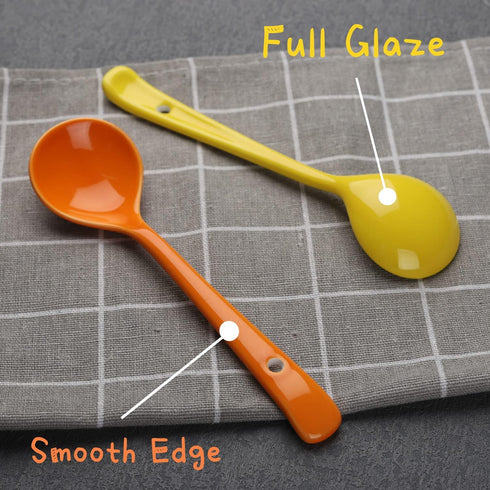 Set of 4 Ceramic Dessert Spoons, Long Handle Korean Porcelain Spoons for Appetizers, Cereal, and Dessert (Multi-color)