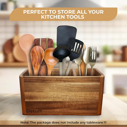 Large Kitchen Utensil Holder Organizer, Wooden Storage Container with 3 Compartments, Acacia Wood