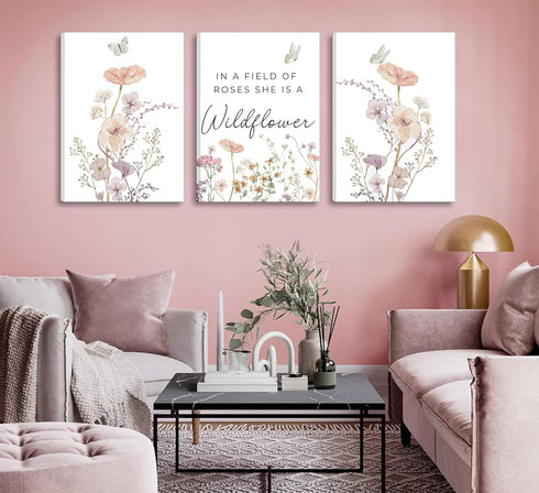 Dawaqwe 3PcsFramed Wildflower Nursery Canvas Wall Art Flower Botanical Sentence Poster Pink Watercolor Floral Girl's