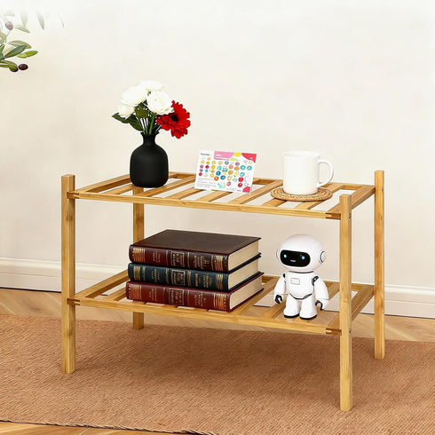 2 Small Shoe Rack, Multipurpose Tier Shoe Organizers RackSmall Bamboo Shelfs for Shoes, Plants, Books, Living Room