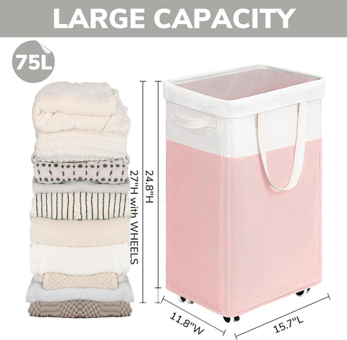 75L Goodpick Laundry Basket with Wheels, Tall Clothes Hamper, Large Laundry Basket with Removable Wash Bag for Corner