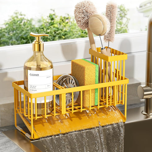 Cisily Lemon Yellow Sink Caddy Organzier with High Brush Holder, Sponge Holder