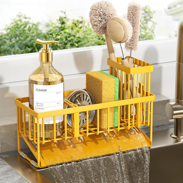 Cisily Lemon Yellow Sink Caddy Organzier with High Brush Holder, Sponge Holder
