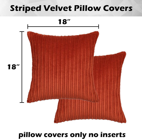 Kevin Textile Set of 2 Fall Pillow Covers, Solid Supersoft Corduroy, Burnt Brick, 18x18 Inch