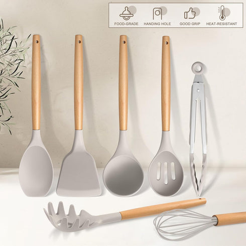 E-far Silicone Cooking Utensils Set, 10-Piece Heat Resistant Kitchen Tools with Wooden Handle