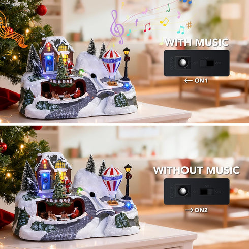 MerryPulse 8 Christmas Village House with Train, Christmas Songs & LED Lights, Collectible Buildings for Holiday Home