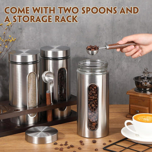 3 50oz Set Suclain Stainless Steel Coffee Grounds Canisters with Shelf x Sugar Coffee Bean Storage Container