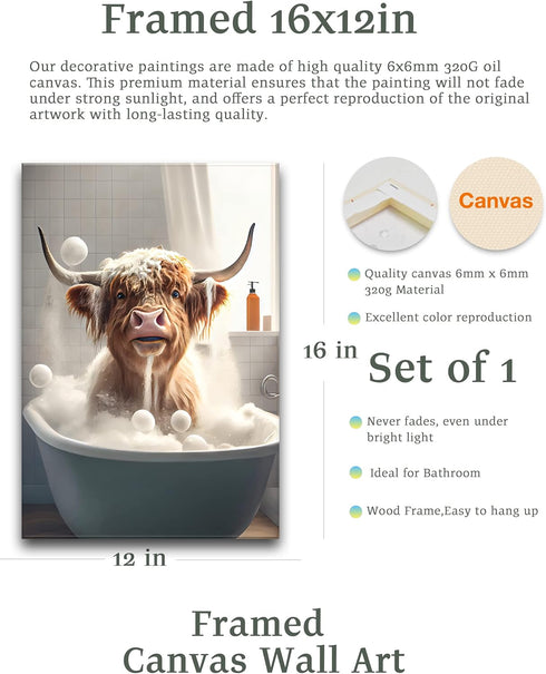 UPWOIGH Highland Cow Wall Art, 12x16in Waterproof Wood Framed Canvas - Cute Funny Animal Bathing Abstract Prints