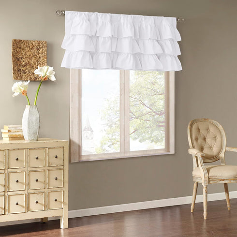 Madison Park Anna Oversized Ruffle Rod Pocket Valance, Classic Vintage Cotton Window Valances, 50X18", White