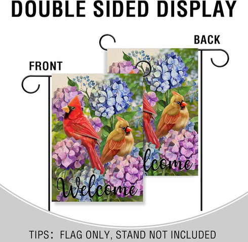 Welcome Summer Cardinal Red Birds Garden Flag, Hydrangea Flowers Outside Decor, 12 x 18 Double Sided Burlap Decoration