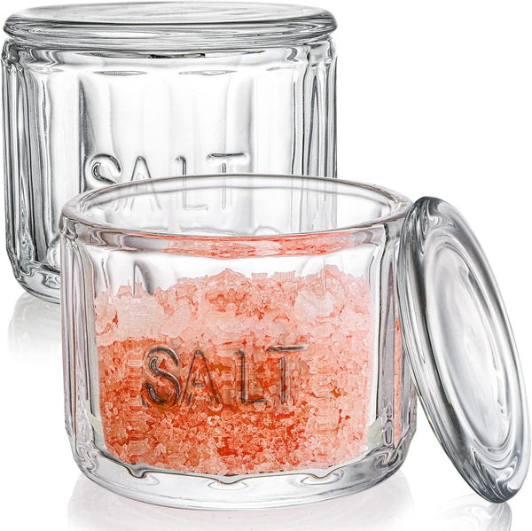 Nicunom 2 Pack Clear Glass Salt Cellar with Lid, Salt Storage Container