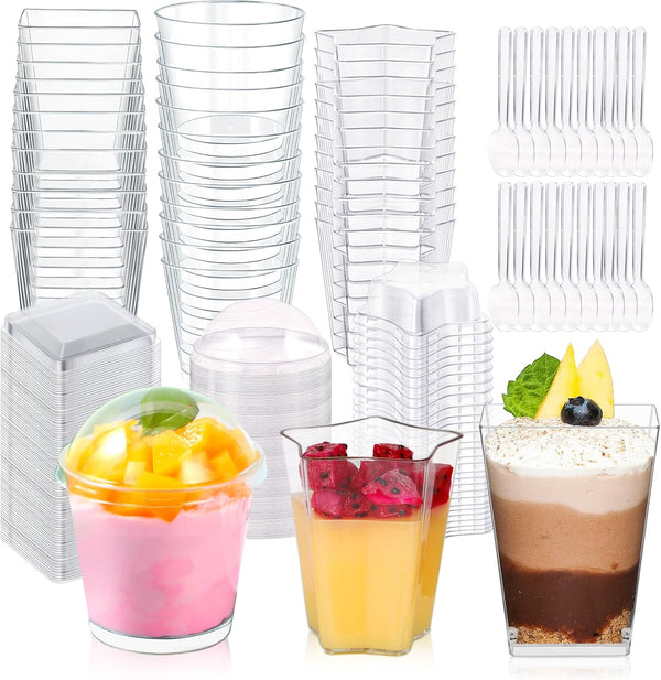 450 Pack Plastic Dessert Cups With Lids and Spoons - Square/Round/Five-Pointed Star