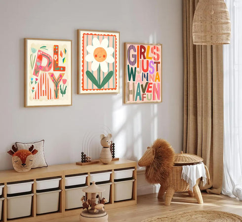 12x16 Inch, Set 3 Boho Floral Sun Nursery Wall Art Girls Just Wanna Have Fun Positivity Affirmation Rainbow Print