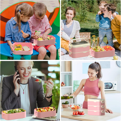 Stackable Bento Box Adult Lunch Box, 3 Layers Large Capacity Containers, Microwave Safe with Utensils, Dividers
