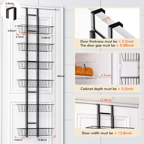 LUXEAR Over the Door Pantry Organizer, 6-Tier Adjustable Storage, No-Assembly Foldable Metal Hanging Organizer for