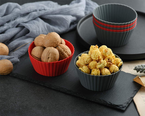 12 Pack Reusable Nonstick Jumbo Silicone Baking Cups, Round Cupcake and Muffin Liners, 3.8 Inch, Red and Gray