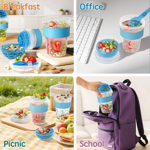 4 Pack 20 oz Yogurt Parfait Cups with Lids Reusable, Plastic Overnight Oats Containers To Go with Granola Compartment