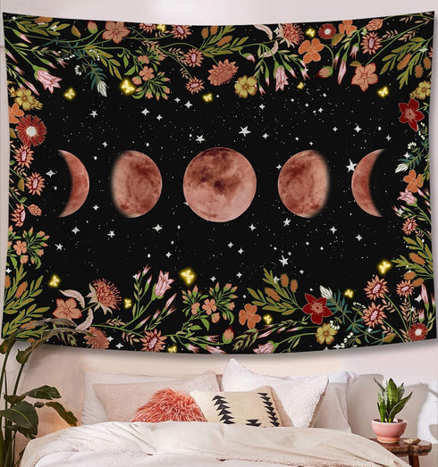 Rexful Moonlit Garden Tapestry - Moon Phase Surrounded by Plants and Flowers, Black Wall Hanging Blanket 44×60 inch