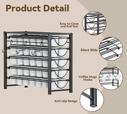 HFHOME Coffee Pod Holder for Counter, Compatible with K-Cups, 70 Capacity Pods Organizer (Black)