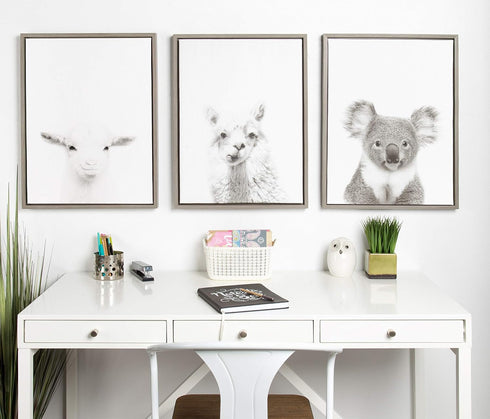 18x24 Kate and Laurel Sylvie Koala Black and White Portrait Framed Canvas Wall Art by Simon Te Tai, Gray