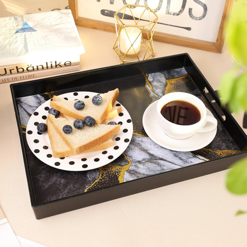 Counter, 15.7*11.8*1.6 Marble Black Decorative Tray for Coffee Table, Ottoman, Rectangular Plastic Serving Platter Tray