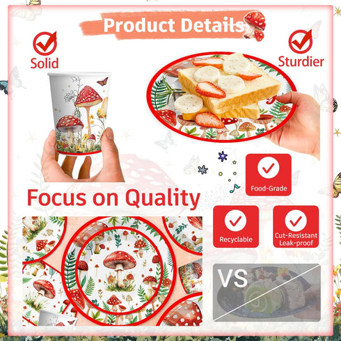 185Pcs Set, 25 cocomigo Mushroom Birthday Decorations Tableware Mushroom Birthday Decorations with Plates Napkins Cups