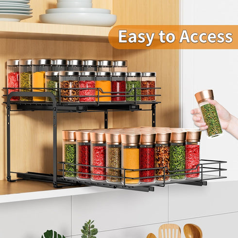RCHYFEED Spice Rack Organizer, 2 Tier Slide Out Metal Spice Racks for Cabinet & Pantry, Heavy Duty Adjustable