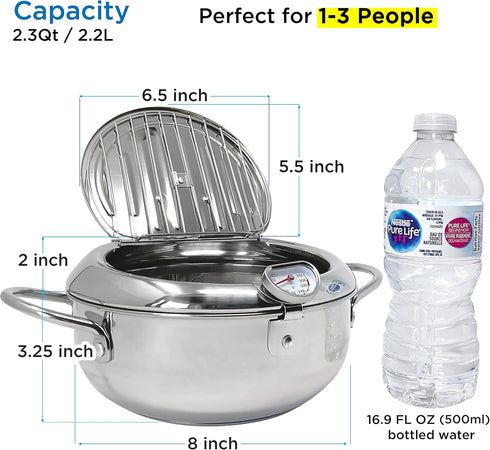 Japanese Tempura Small Deep Fryer Pot with Fahrenheit Thermometer, 304 Stainless Steel for Chips, Fries, Fish
