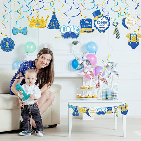 30 Pieces Mr Onederful Boys 1st Birthday Decorations - Blue and Gold Hanging Foil Swirls for Baby Boy First Birthday