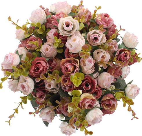 Duovlo 7 Branch 21 Mini Rose Heads Artificial Flowers Bouquet, Pack of 4, Wedding Home Office Decor, Pink