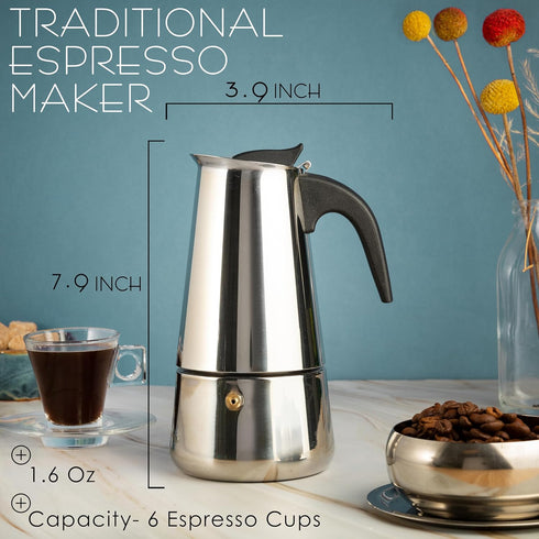 Mixpresso 6 Cup Greca Stovetop Espresso Pot, 300ml/10oz Moka Pot, Stainless Steel Coffee Maker for Camping or Home Use