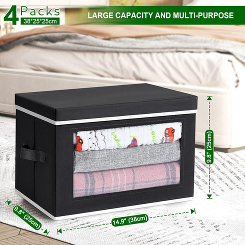 Cube Storage Bins with Lids, Clear Window Fabric Organizer Baskets, 4 Packs, Black for Shelves and Closet