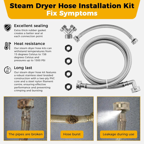 4FT Premium Steam Dryer Hose Installation Kit - 4 Ft 90 Degree Elbow Stainless Steel Hose, Inlet Adapter Hose, Y