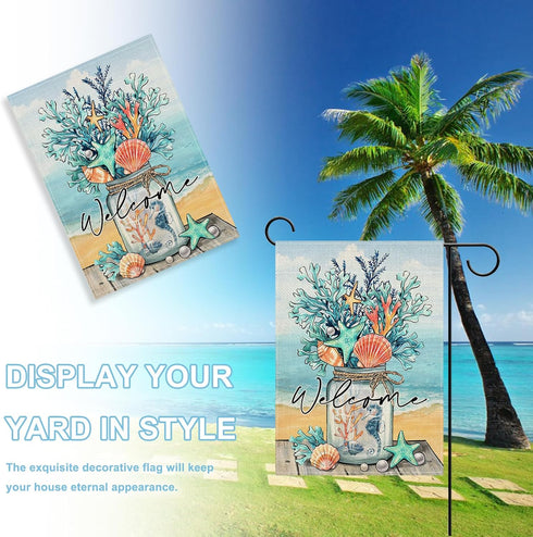 Welcome Summer Decorative Garden Flag, Mason Jar Beach Coastal Coral Starfish Shell Sea Horse, 12 x 18 Double Sided