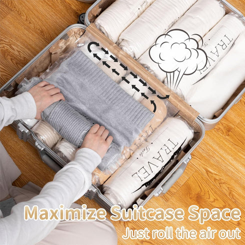 TAILI 10 Pack Travel Compression Bags, Clear Roll Up Space Saver Bags (23.6x15.7 inch), Hand Roll Packing Bags for