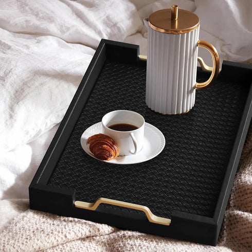 Countertop, 16.2 12.2 2 inches HofferRuffer Faux Leather Rectangle Serving Tray Decor Platter with Gold Metal Handles