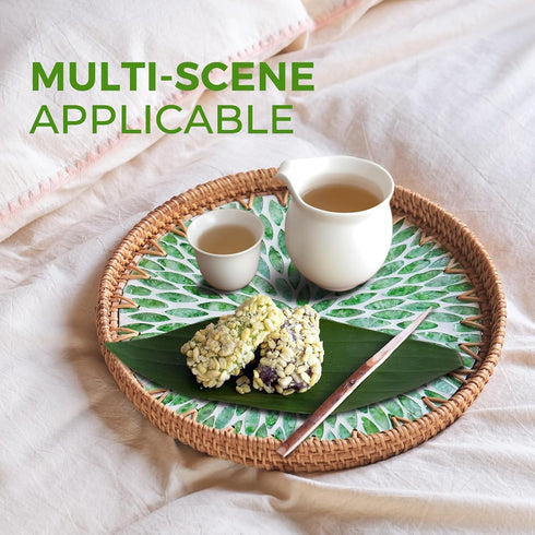 Round Rattan Tray with Mother of Pearl Inlay, Wicker Serving Tray Mother for Decor, Rattan Round Wicker Coffee Table