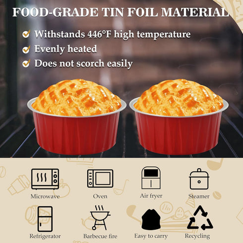 BAKINGPAK 50PCS Mini Aluminum Pans with Lids, 4OZ Baking Cups, Disposable Ramekins, Red Mini Cake Pans for Birthday