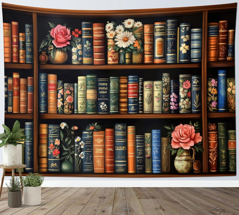 LB Retro Bookshelf Tapestry Wall Hanging Potted Plants With Pink Rose Floral