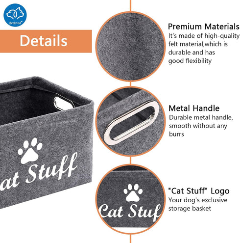 Felt Cat Toy Basket,Foldable Pet Toy Storage Bins with Handles, Pet Stuff Organizer for Indoor Cat,Kitten Toy Storage